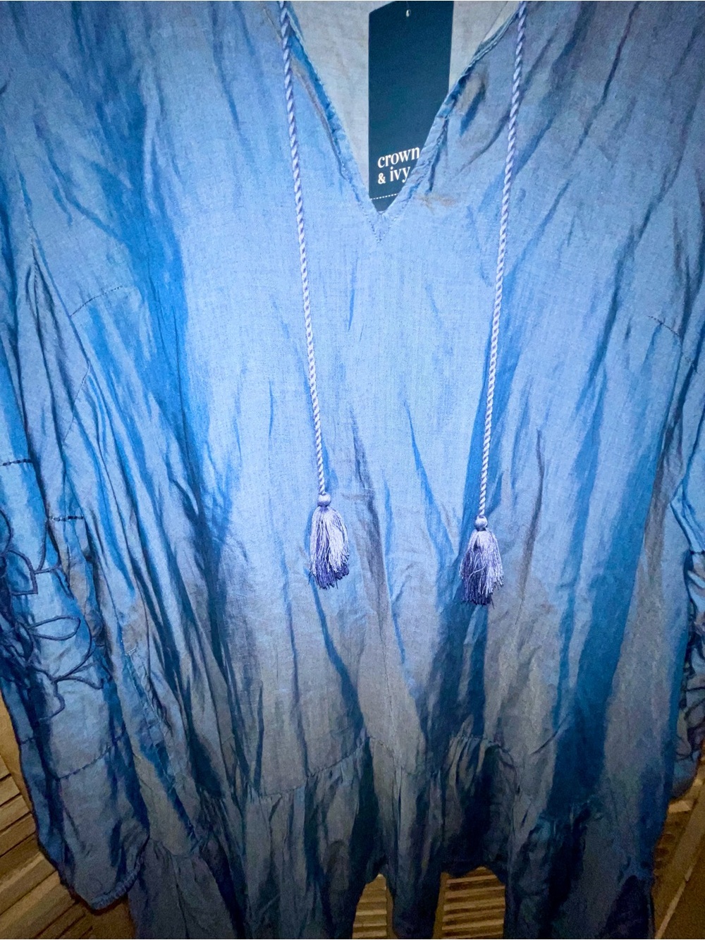 NWT Crown & Ivy Chambray Embroidered Boho Dress | Tassel Tie | Size XL Western - Picture 4 of 11